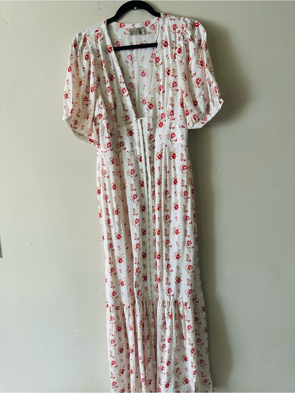 White Floral Tie-Front Midi Dress with Red Rose Print